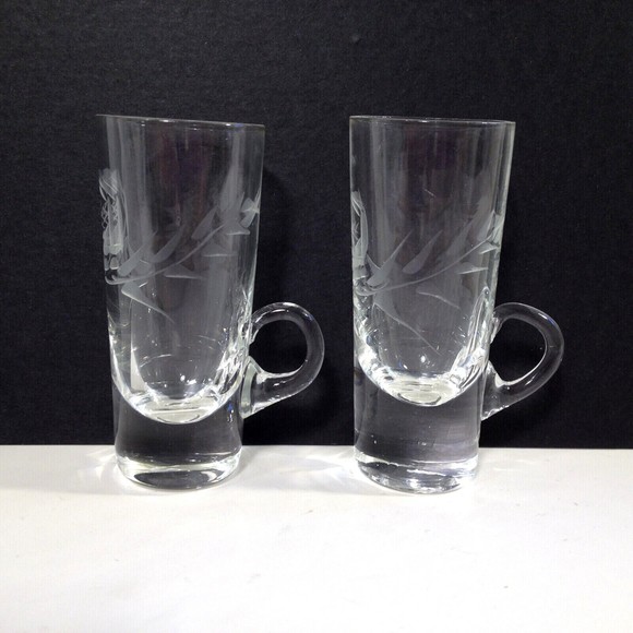 (2) Vintage Crystal Cut Etched Cordial Liqueur Glass Shot Glasses w/ Handles - Picture 1 of 11